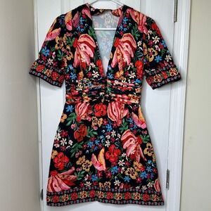 Womens Floral V-Neck Mini Dress Ruffle Sleeve Tropical Botanical Black Size M